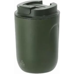 A drink bottle in olive green with a lid, featuring a smooth surface and a logo on the base.