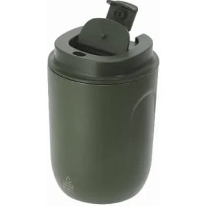 A drink bottle in olive green with a removable lid and a flip-top opening. It features a logo on the body.