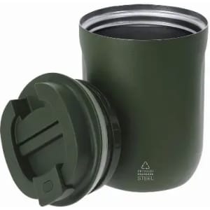 A drink bottle in olive green stainless steel with a removable lid, featuring a logo on the side.