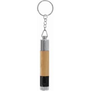 A keychain flashlight with a bamboo body, silver accents, and a black end. It includes a sturdy keyring for attachment.