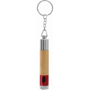 A keychain flashlight featuring a wooden body and red metal accents, with a silver keyring attachment.