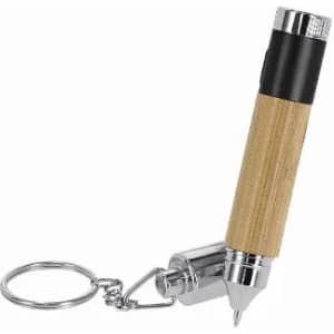 A keychain with a bamboo and chrome pen, featuring a sleek design and a keyring attachment.