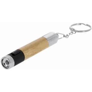 A keychain torch with a wooden body and metallic accents, featuring a small flashlight at one end.