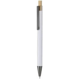 A pen with a white barrel, a gold clip, and a black tip. It features a simple, sleek design.