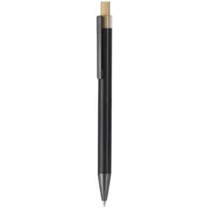 A black pen with a bamboo accent and a silver tip, featuring a clip and sleek design.