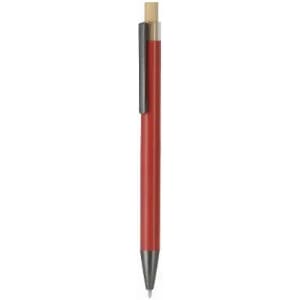 A pen with a red barrel, metallic clip, and a silver tip, featuring a simple design.