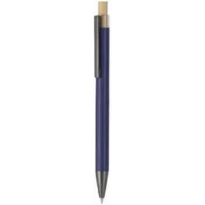 A ballpoint pen with a dark blue barrel, a silver nib, and a gold clip. The pen features a sleek design.