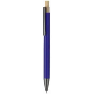 A blue ballpoint pen with a silver clip and a wooden top. It features a simple and elegant design.