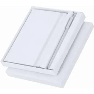 A white gift box with a lid containing a plain white notebook and a pen. Features a logo on the notebook.