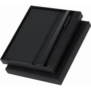 A sleek black notebook and pen set presented in a matching black box. Features an elegant design with a smooth finish.