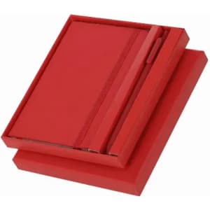 A red gift box containing a matching red notebook and pen. The box features a sleek design and a fitted lid.