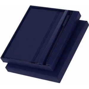 A navy blue notebook set in a matching box, featuring an elastic band and a pen. Includes a logo.