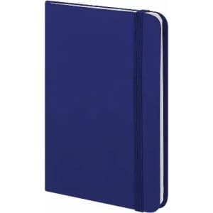 A notebook with a deep blue cover and a white elastic band, featuring a textured finish.