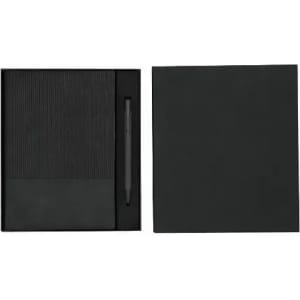 A black notebook and pen set with a textured cover, presented in a black box.