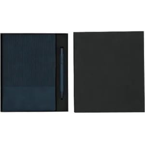 A gift set featuring a navy notebook with a ribbed design and a matching pen, presented in a black box.