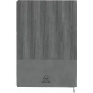 A notebook with a textured grey cover, featuring a smooth grey section at the bottom and a logo.