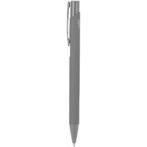 A grey ballpoint pen with a clip and silver accents. The pen features a simple, sleek design.