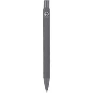 A grey pen with a logo on the side, featuring a sleek, minimalist design.