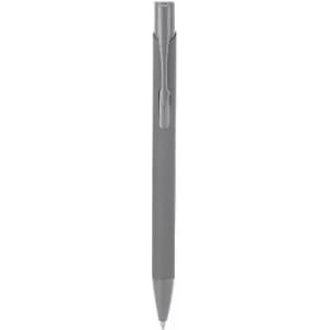 A grey pen with a clip and a smooth barrel design, featuring a visible writing tip.