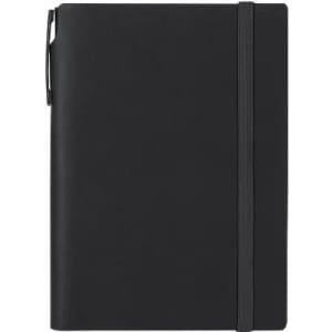 A black notebook with an elastic strap, featuring a pen attached. The cover appears smooth and sturdy.
