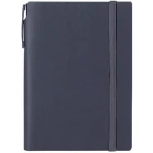 A dark blue notebook with an elastic band and a pen attached, featuring a smooth cover and simple design.
