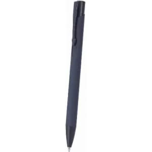 A pen in dark blue with a clip and a clear tip, featuring a simple design.