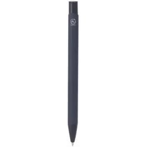 A pen with a sleek grey design and a branding logo on the barrel.