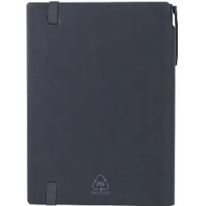 A notebook with a black recycled cover and an elastic band closure, featuring a pen holder on the side.