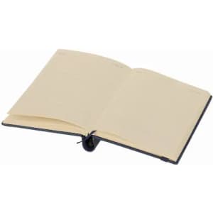 An open notebook featuring blank pages and a dark cover, showcasing a simple and elegant design.