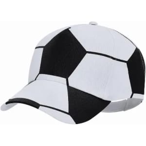 A cap featuring a design resembling a soccer ball, primarily in white and black colours.