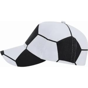 A cap designed to resemble a soccer ball, featuring black and white panels in a classic pattern.
