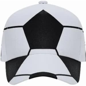A cap designed to resemble a soccer ball, featuring a black and white pattern. The cap has a structured brim.