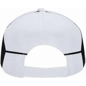 A cap with a white front and black mesh sides, featuring an adjustable back strap.