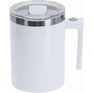 A drink bottle in white with a stainless steel lid and a handle, featuring a clear top and a push button.