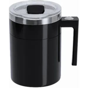 A drink bottle in black with a clear lid and a black handle, featuring a lid with a push button.