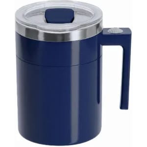 A drink bottle in navy blue with a stainless steel lid and a handle, featuring a transparent top.