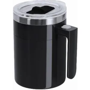 A black drink bottle with a transparent lid and a handle, featuring a branding logo.