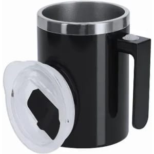 A drink bottle in black with a silver rim and clear lid, featuring a handle and a logo.