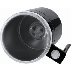 A drink bottle in black with a metallic rim and a handle, featuring a mixing mechanism inside.