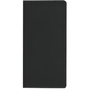 A black notebook with a smooth cover and visible stitching along the edges. It features an understated design.