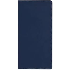 A phone case in navy blue with a sleek design and visible stitching detail. It features a logo.
