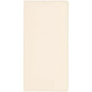 A pale cream wallet with a smooth finish, featuring stitching and a simple design. It has a logo on the exterior.