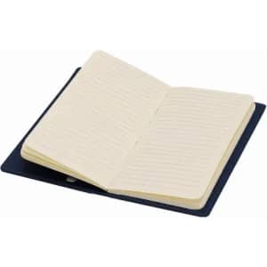 A notebook with a navy blue cover and ivory lined pages, opened to display its interior.
