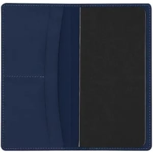 A navy blue notebook cover with a black inner section and pockets for organising documents. Features a sleek design.