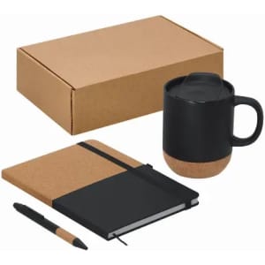 A promotional product set featuring a black mug, cork notebook, and black pen in a kraft box.