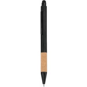 A black pen with a cork grip and a clip. The pen features a sleek design and has a branding logo.