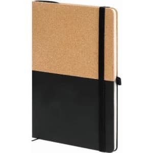 A notebook featuring a cork cover at the top and a black bottom, secured with a black elastic band.