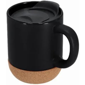 A drink bottle featuring a black body with a cork base and a black lid. It has a handle for easy gripping.