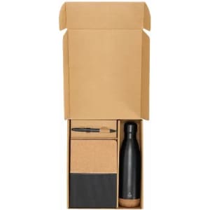 A drink bottle, notebook, and pen neatly arranged in a cardboard gift box. The bottle is black and features a logo.