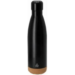 A drink bottle in black with a cork base and a sleek design, featuring a logo.